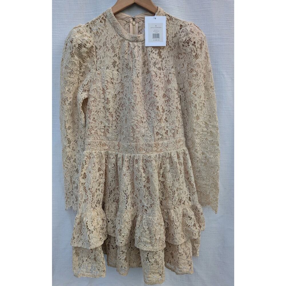 Rachel Parcell Women's Metallic Lace Mini Dress Sz‎ 8 Gold Long Sleeve Feminine
